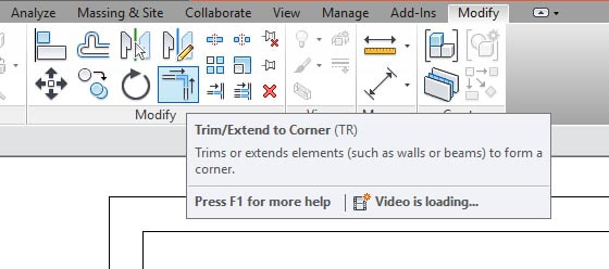 Ribbon menue > Modify Tab > Modify Panel > Trim/Extend to Corner tool